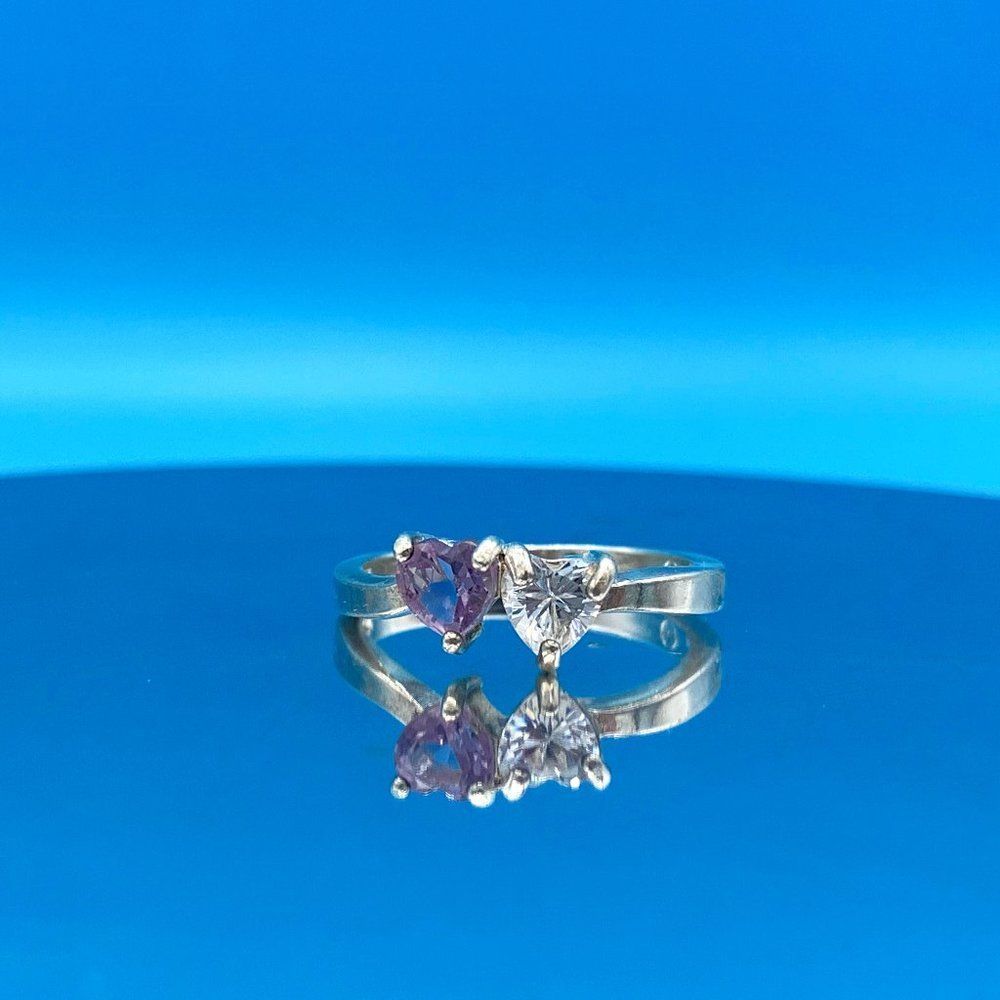 Vintage Sterling Silver Amethyst and Cubic Zirconia Heart Ring